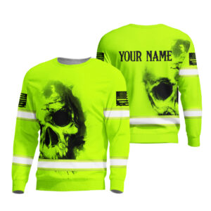 Hi Vis Long Sleeve Shirt Reflective Tapes Green Neon Skull Custom Name Safety Workwear