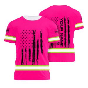 Hi Vis Shirt Reflective Tapes Pink Neon US Flag Custom Name Safety Workwear For Truckers, Workers, Operator, Cyclists, Patriotic