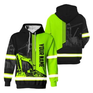 Hi Vis Hoodie JOB Reflective Green Neon Excavator Operator Custom Name Safety Workwear For Workers, Runners, Cyclists, Patriotic