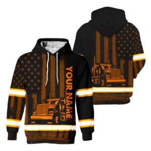 Hi Vis Hoodie JOB Reflective Orange Neon Semi Truck Driver Custom Name Safety Workwear For Workers, Runners, Cyclists, Patriotic