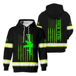 Hi Vis Hoodie Reflective Green Neon Gun US Flag Custom Name Safety Workwear For Workers, Runners, Cyclists, Patriotic