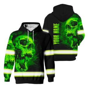 Reflective Safety Hoodie Green Neon Skull Custom Name Safety Workwear For Runners, Cyclists, Skull Lover