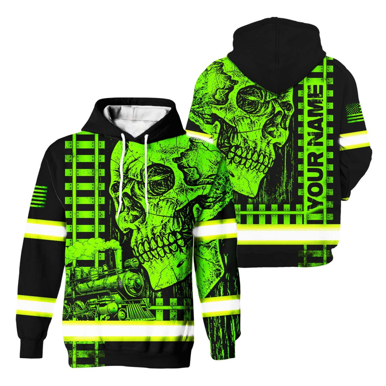 Hi Vis Hoodie Reflective Green Neon Skull US Flag Railroad Custom Name ...