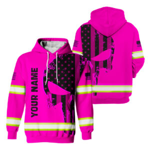 Pink Reflective Hoodie Skull With USA Flag Custom Name Safety Workwear For Workers, Runners, Cyclists, Patriotic