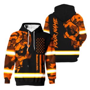Hi Vis Hoodie Reflective Skull Camo Neon US Flag Custom Name Safety Workwear For Workers, Runners, Cyclists, Trucker, Operator, Patriotic