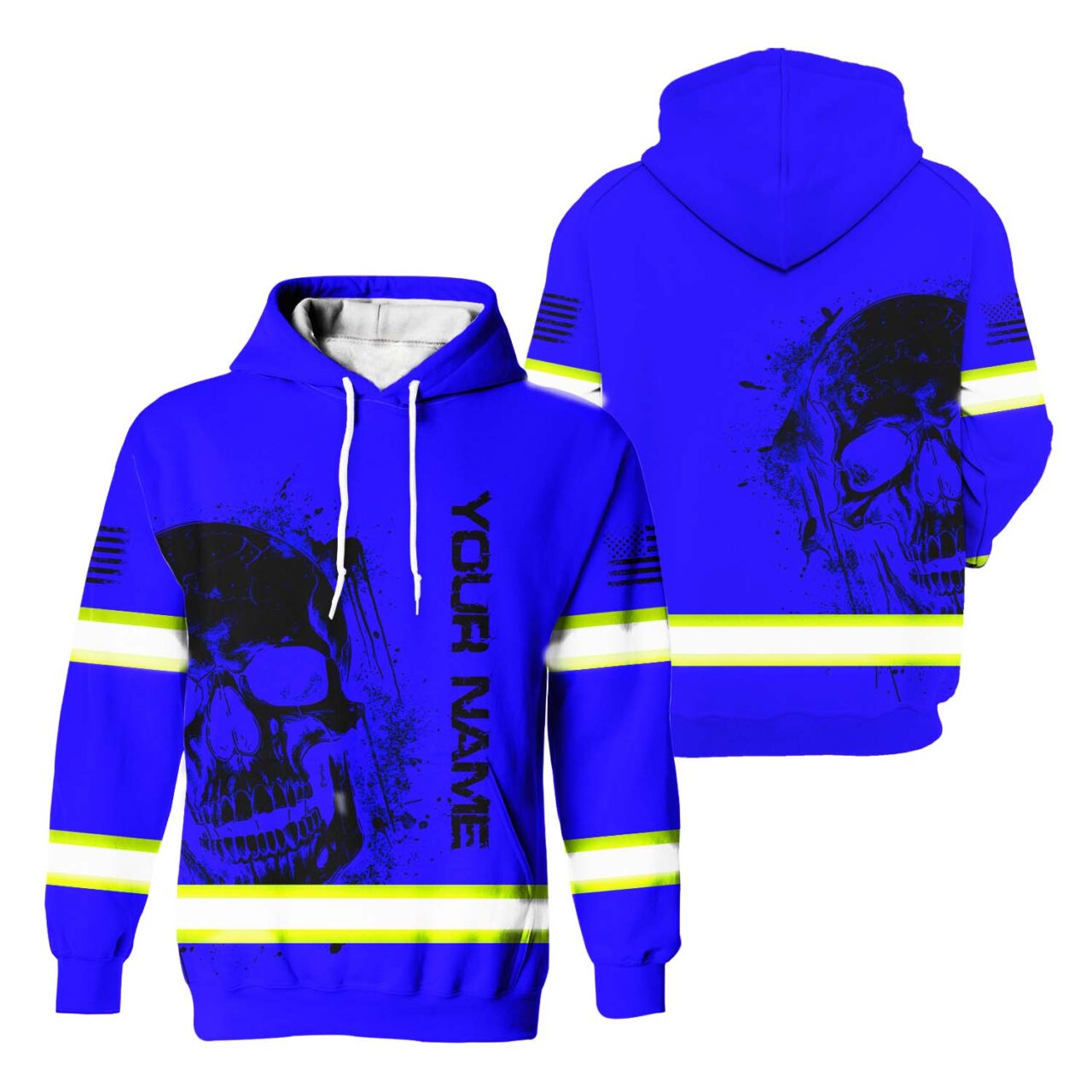 Hi Vis Hoodie Reflective Tapes Blue Neon Skull And Flag Custom Name