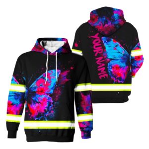 Hi Vis Hoodie Reflective Tapes Butterfly Pink Blue Neon Safety Workwear For Workers, Runners, Cyclists, Patriotic