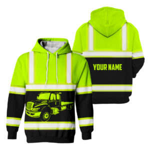 Hi Vis Hoodie Reflective Tapes Lime Tow Truck Driver Custom Name Safety Workwear For Truckers, Workers, Runners, Cyclists, Patriotic