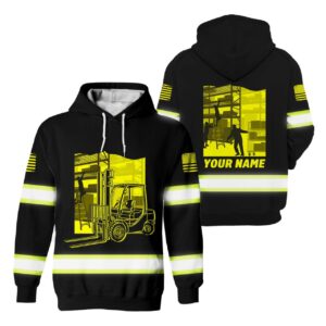 Hi Vis Hoodie Reflective Yellow Neon Forklifts Construction USA Flag Custom Name Safety Workwear For Workers, Trucker, Runners, Cyclists