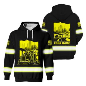 Hi Vis Hoodie Reflective Yellow Neon Semi Truck Construction USA Flag Custom Name Safety Workwear For Workers, Trucker, Runners, Cyclists