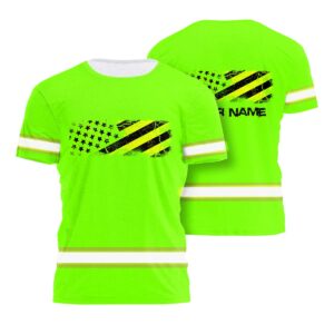Hi Vis Shirt Reflective Tapes Green Neon US Flag Pride Custom Name Safety Workwear For Workers, Operator, Cyclists, Patriotic