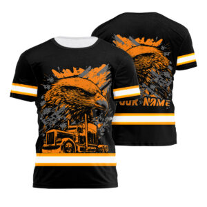 Hi Vis Shirt Reflective Tapes Orange Neon Eagle Semi Truck Custom Name Safety Workwear For Truckers, Workers, Operator, Cyclists, Patriotic