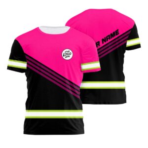 Hi Vis Shirt Reflective Tapes Pink Neon And Black Uniform Custom Name And Logo Safety Workwear For Team, Group, Company