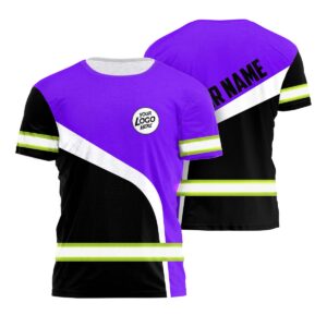 Hi Vis Shirt Reflective Tapes Violet Neon And Black Uniform Custom Name And Logo Safety Workwear For Team, Group, Company