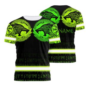 Hi Vis Shirt Reflective Tapes Wolf Tattoo Viking Symbol Green Neon Custom Name Safety Workwear For Workers, Runners, Cyclists