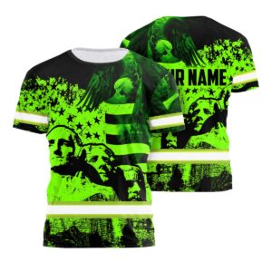 Hi Vis Shirt Reflective Eagle Fly US Flag Custom Name Safety Workwear For Workers, Runners, Cyclists, Patriotic, Veteran Military Soldiers