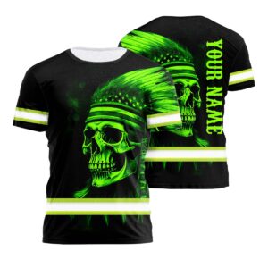 Hi Vis Shirt Reflective Tapes Green Neon Native Skull US Flag Workwear