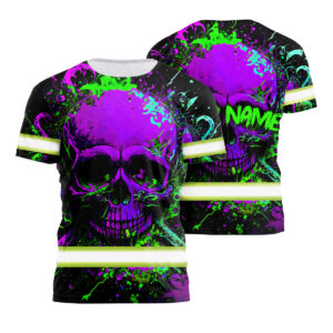 Hi Vis Shirt Reflective Tapes Violet Neon Skull Safety Workwear For Workers