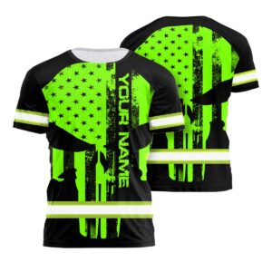 Hi Vis Shirt Reflective Green Neon Skull America Flag Custom Name Safety Workwear For Truckers, Workers, Runners, Cyclists, Patriotic