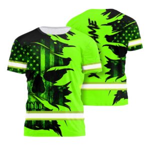 Hi Vis Shirt Reflective Green Neon Skull US Flag Scratch Custom Name Safety Workwear For Workers, Runners, Cyclists, Trucker, Operator, Patriotic