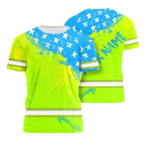 Hi Vis Shirt Reflective Tapes Green And Blue Neon US Flag Custom Name