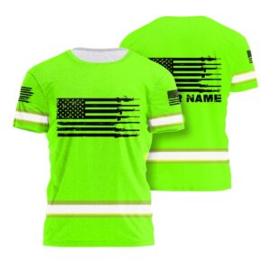 Hi Vis Shirt Reflective Tapes Green Neon US Flag Custom Name Safety