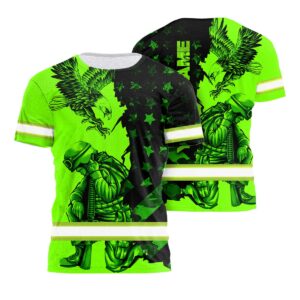 Hi Vis Shirt Reflective Veteran Military Soldiers US Flag Custom Name Safety Workwear For Workers, Runners, Cyclists, Patriotic, Veteran