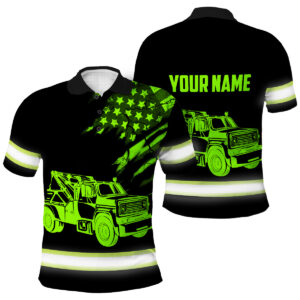 Hi Vis Polo Reflective Tapes Black Tow Truck Driver Custom Name Safety Workwear For Truckers, Workers, Runners, Cyclists