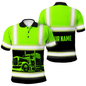 Hi Vis Polo Reflective Tapes Green Semi Truck Driver Custom Name Safety Workwear For Truckers, Workers, Runners, Cyclists