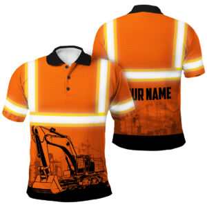 Hi Vis Polo Shirt Reflective Tapes Orange Excavator Operator Custom Name Safety Workwear For Workers, Runners, Operator, Cyclists