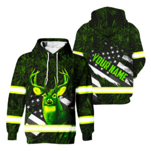 Hi Vis Hoodie Reflective Deer Hunting Visibility Shirt For Men Hunting US Flag Reflective Safety Shirts Custom Name for Hunters, Workers, Truckers