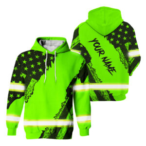 Green Hoodies Mens Green Neon Water Color American Flag Patriotic Custom Name Safety Workwear For Runners, Cyclists, Truckers, Operator