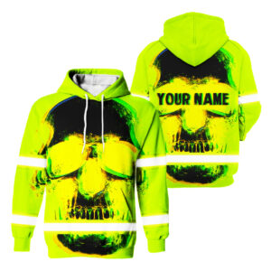 Hi Vis Hoodie Reflective Tapes Black Skull Shadow Custom Name Safety Workwear For Workers, Runners, Cyclists