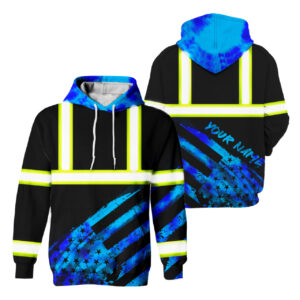 Hi Vis Hoodie Reflective Tapes Blue Flag Tie Dye Custom Name Safety Workwear For Workers, Runners, Cyclists