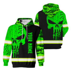 Reflective Safety Hoodie Green Camo Neon Skull Gun USA Flag Safety Workwear For Runners, Cyclists, Patriotic