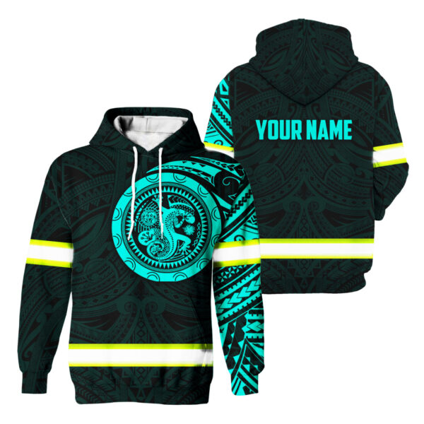 Hi Vis Hoodie Reflective Tapes Mint Gecko Hawaiian Polynesian Tribal Custom Name Safety Workwear For Workers, Runners, Cyclists