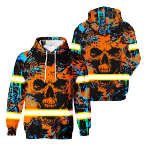 Safety Hoodies For Men Tapes Orange Neon Skull Safety Workwear For Workers, Runners, Cyclists