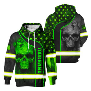 Hi Vis Hoodie Reflective Tapes Orange Skull US Flag Safety Workwear For Workers, Runners, Cyclists, Patriotic