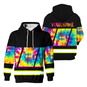 Hi Vis Hoodie Reflective Tapes Rainbow Tie Dye Custom Name Safety Workwear For Workers, Runners, Cyclists