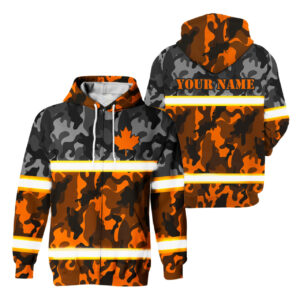 Hi Vis Zip Hoodie Reflective Camo Orange Neon Canada Flag Custom Name Safety Workwear For Workers, Runners, Cyclists, Patriotic