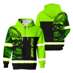 Hi Vis Zip Hoodie Reflective Green Neon Skull 3 Custom Name Safety Workwear For Workers, Runners, Cyclists, Patriotic