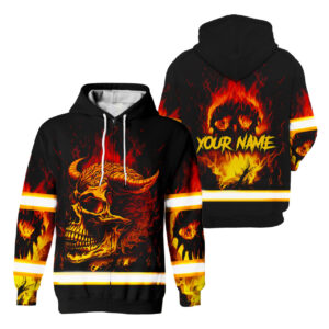 Hi Vis Zip Hoodie Reflective Orange Neon Skull Fire Custom Name Safety Workwear For Workers, Runners, Cyclists, Patriotic