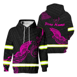 Hi Vis Zip Hoodie Reflective Pink Neon Butterfly Hawaii Polynesian Custom Name Safety Workwear For Workers, Runners, Cyclists, Patriotic