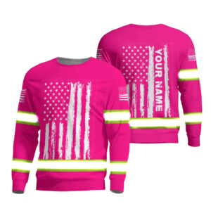 Hi Vis Long Sleeves Shirt Reflective Tapes Pink Neon Flag Custom Name Safety Workwear For Workers, Operator, Cyclists, Patriotic