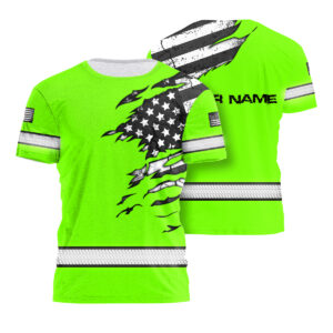 Hi Vis Shirt Reflective Scratch Green Neon US Flag Custom Name Safety Workwear For Workers, Runners, Cyclists, Trucker, Operator, Patriotic