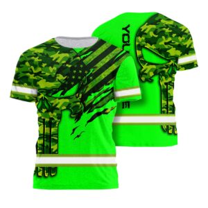 Hi Vis Shirt Reflective Skull Camo Green Neon US Flag Scratch Custom Name Safety Workwear For Workers, Operator, Cyclists, Patriotic