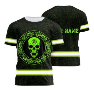 Hi Vis Shirt Reflective Skull Viking Symbol Green Neon Custom Name Safety Workwear For Workers, Runners, Cyclists