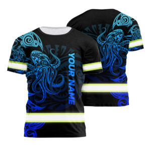 Hi Vis Shirt Reflective Tapes Blue Gradient Octopus Hawaii Polynesian Custom Name Safety Workwear For Workers, Operator, Cyclists, Patriotic