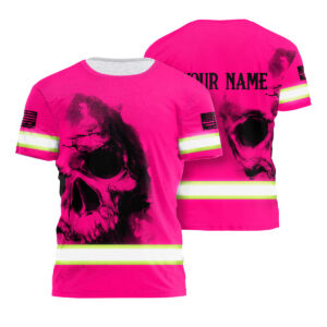 Hi Vis Shirt Reflective Tapes Pink Neon Skull Custom Name Safety Workwear For Workers, Runners, Cyclists, Patriotic