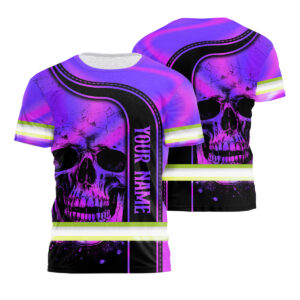 Hi Vis Shirt Reflective Violet Neon Skull Custom Name Safety Workwear For Workers, Runners, Cyclists, Trucker, Operator, Patriotic, Skull Lovers